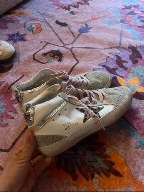 Golden Goose Mid Star High-Top Sneakers in White, Pink & Silver